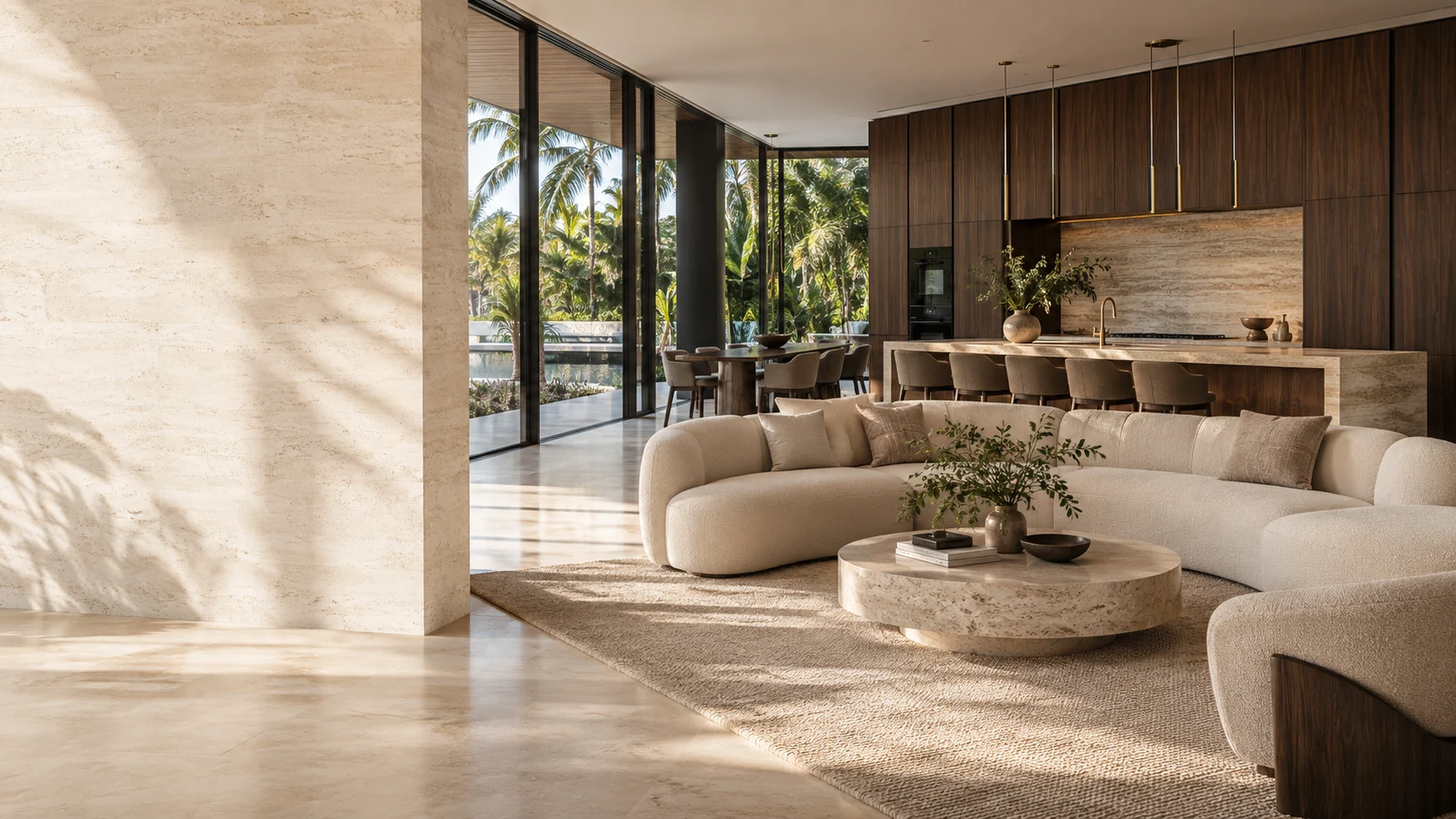 Illustrative concept of a light-filled living room with natural stone, warm wood and a sculptural sofa