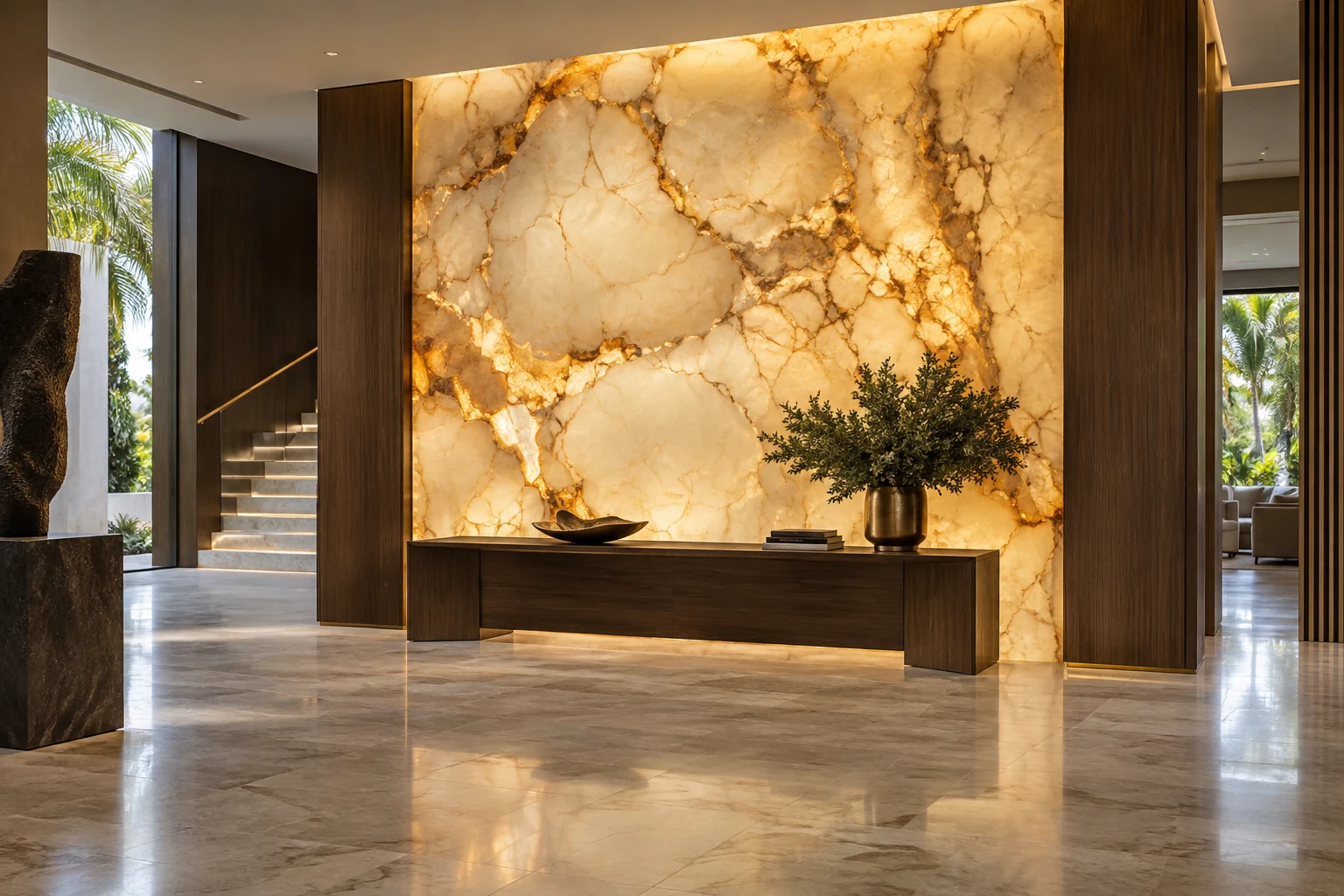 Illustrative concept of an illuminated natural stone wall with golden veining