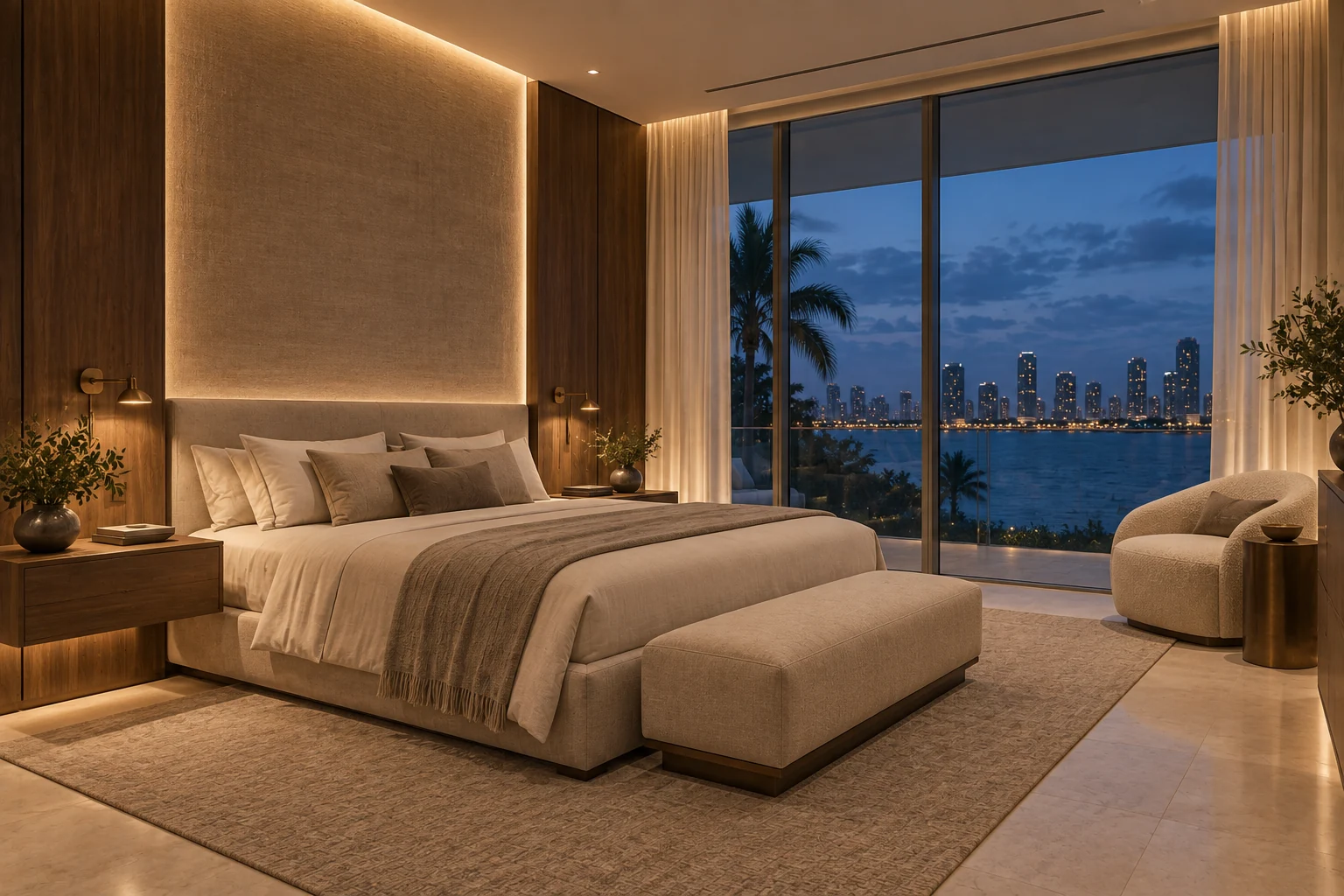 Illustrative primary suite concept for Evening Residence.