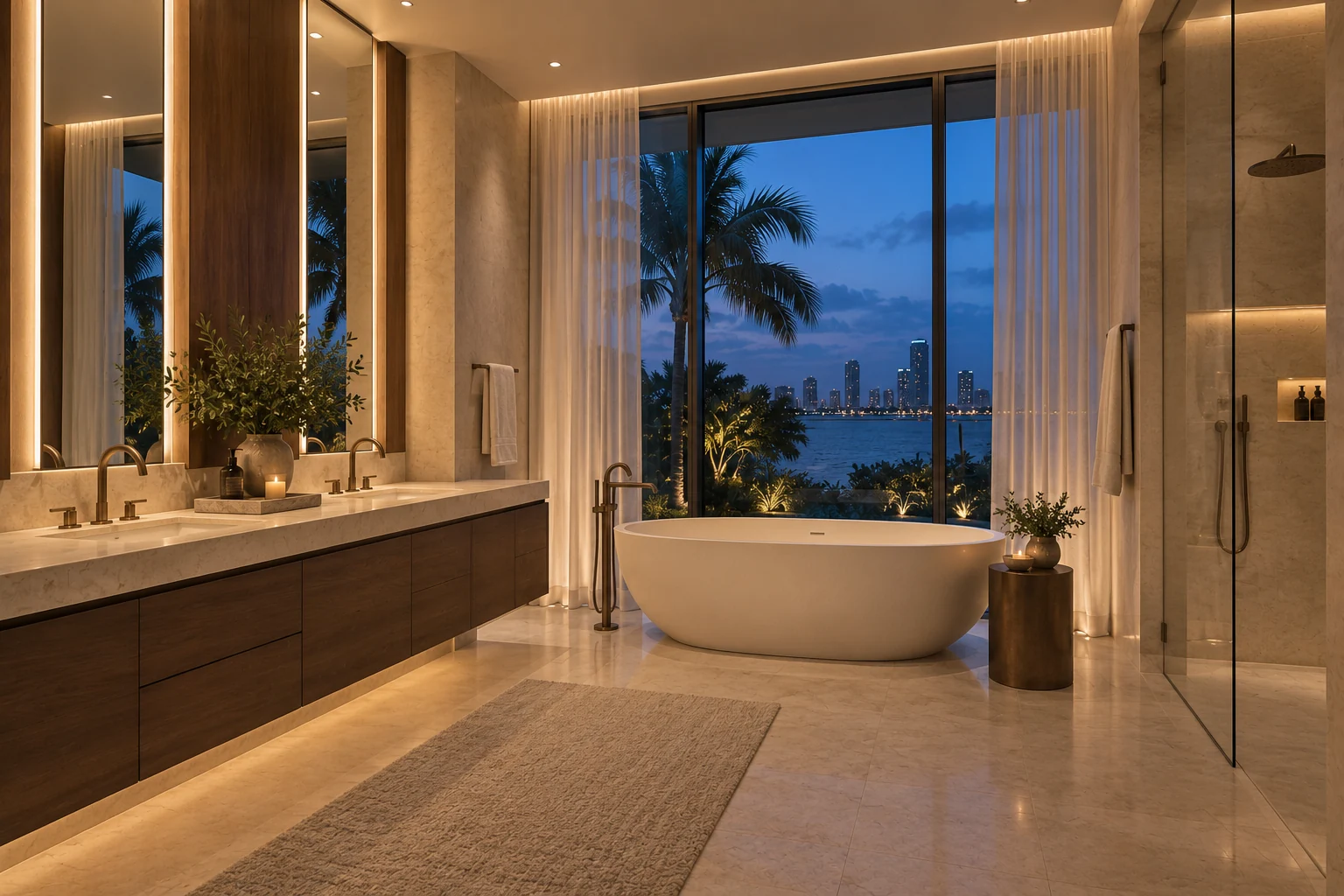 Illustrative primary bathroom concept for Evening Residence.