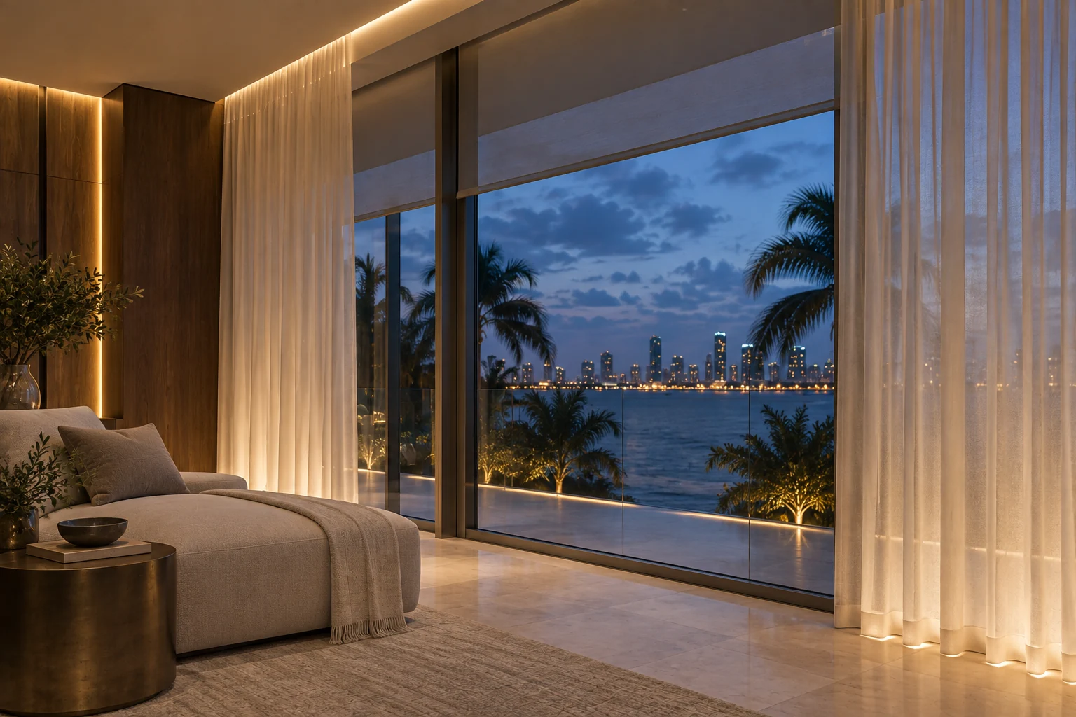Illustrative window treatments & lighting concept for Evening Residence.