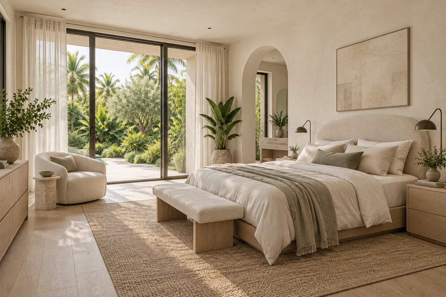 Illustrative primary bedroom concept for Organic Modern Home.