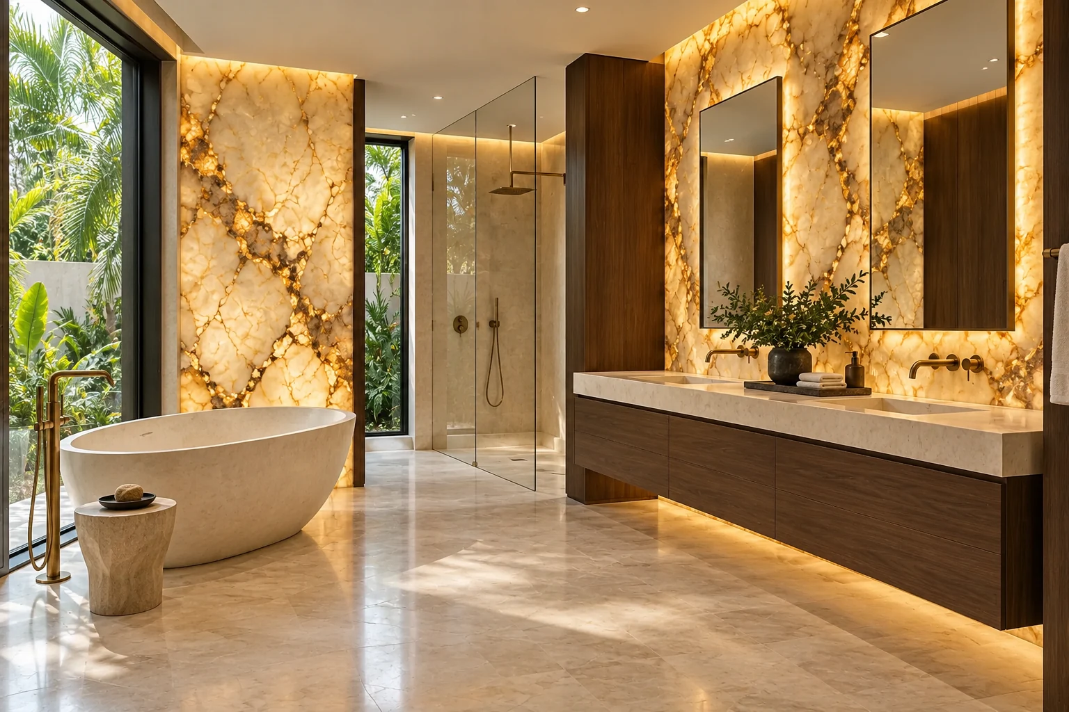 Illustrative primary bathroom concept for Stone & Light Residence.