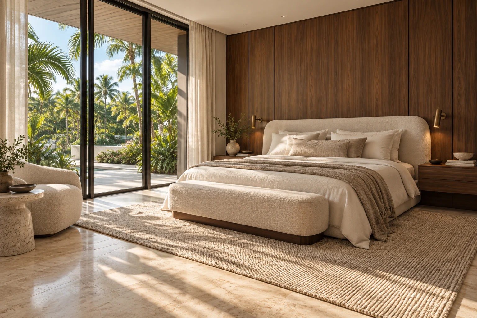 Illustrative primary bedroom concept for Warm Modern Residence.